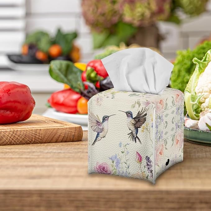 Bird Flowers Minimalist Tissue Box Holder, Square PU Leather Napkin Organizer - Image 5