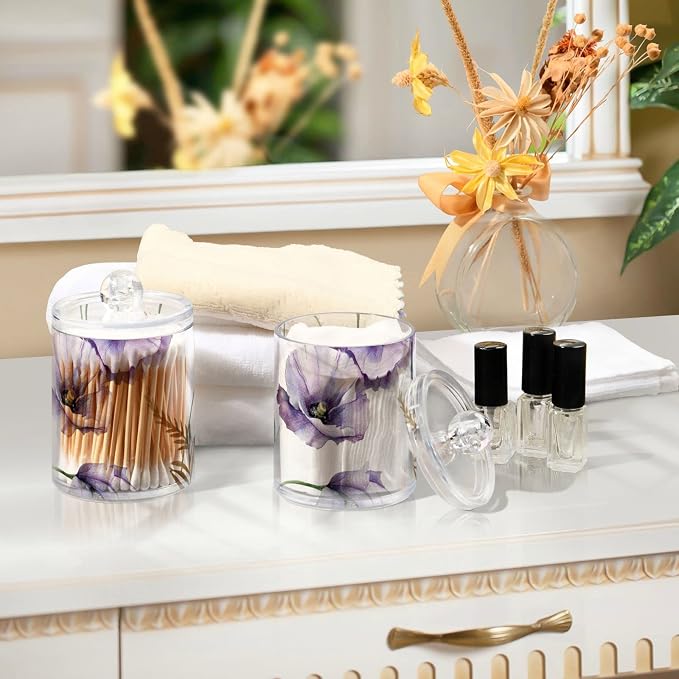 4 Pack Qtip Holder Dispenser Watercolor Flowers Purple Poppies Cotton Ball - Image 7