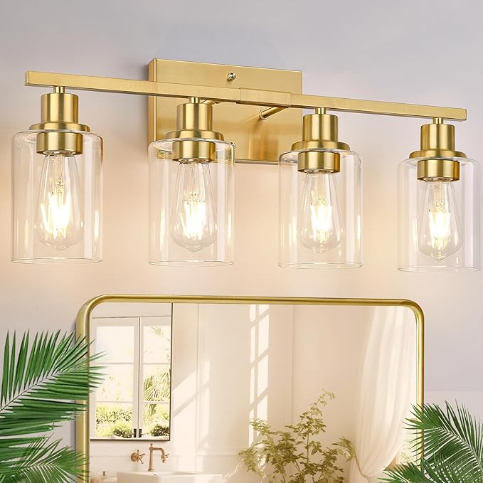 4-Light Vanity Lights with Clear Glass Shades, Brushed Gold Bathroom Light by Indoibrightenyourbathroom