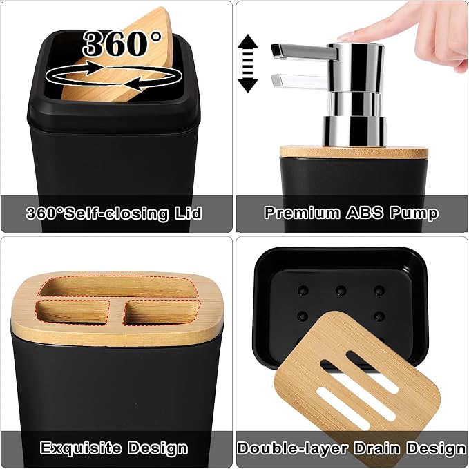 Bathroom Set Black Bathroom Trash Can, 9 Piece Bathroom Decor Toothbrush Holder - Image 2