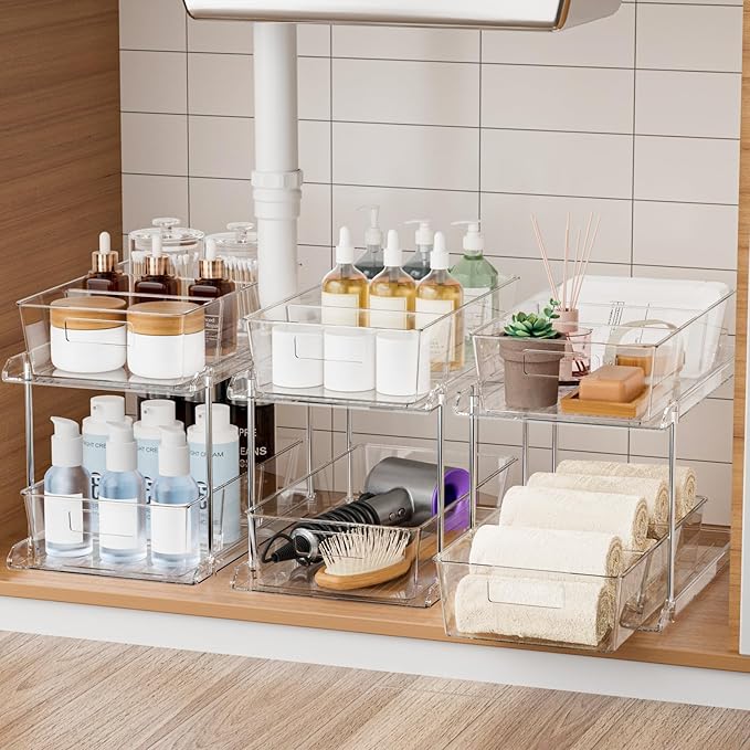 3-Pack Pull-Out Home Organizers, 2 Tier Clear Bathroom Organizer by Fabspace