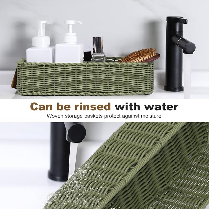 Small Resin Wicker Basket: Waterproof Sage Green Vanity Organizer 2-Pack - Image 3