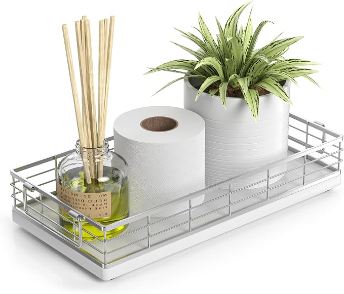 Toilet Paper Basket, 13 Inch Oak and Iron Bathroom Tank Tray Top of Toilet by JNFUZ