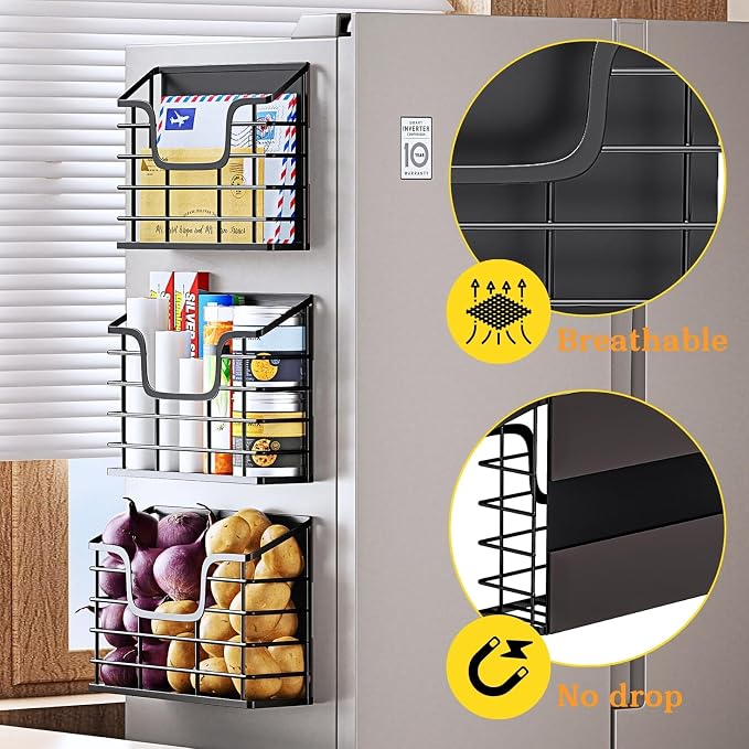 Magnetic Shelf for Fridge, 3 Pack Metal Fridge Organizer Baskets, Magnetic Cup - Image 6