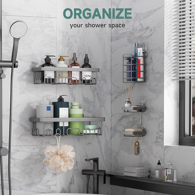 Veken Adhesive Shower Caddy 5-Pack, Heavy Weight Bearing, Large Wall Mounted - Image 2