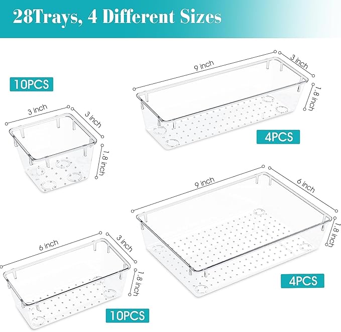 28 PCS Clear Plastic Drawer Organizers Set, 4 Size Desk Drawer Organizer Trays - Image 2