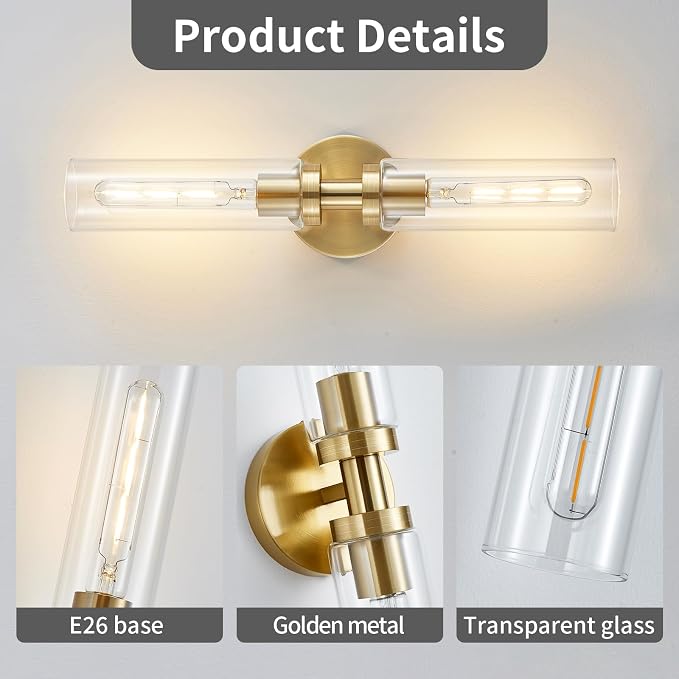 2-Light Brushed Brass Gold Bathroom Light Fixtures Over Mirror Modern Vanity - Image 5