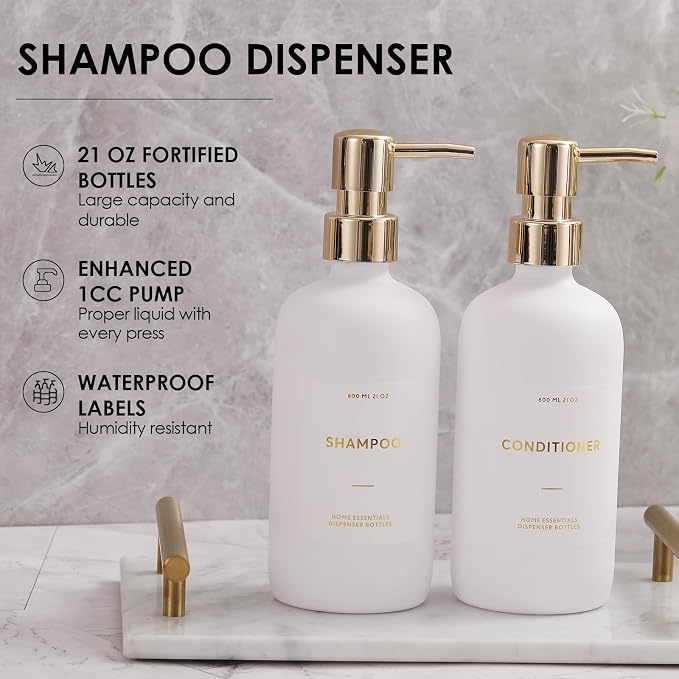 HOMCDALY Shampoo and Conditioner Dispenser, 21oz 3-Pack Refillable Pump Bottles - Image 4