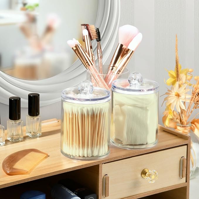 Beige Qtip Holder Organizer Dispenser Cotton Swabs Cans Plastic Jars - Image 6