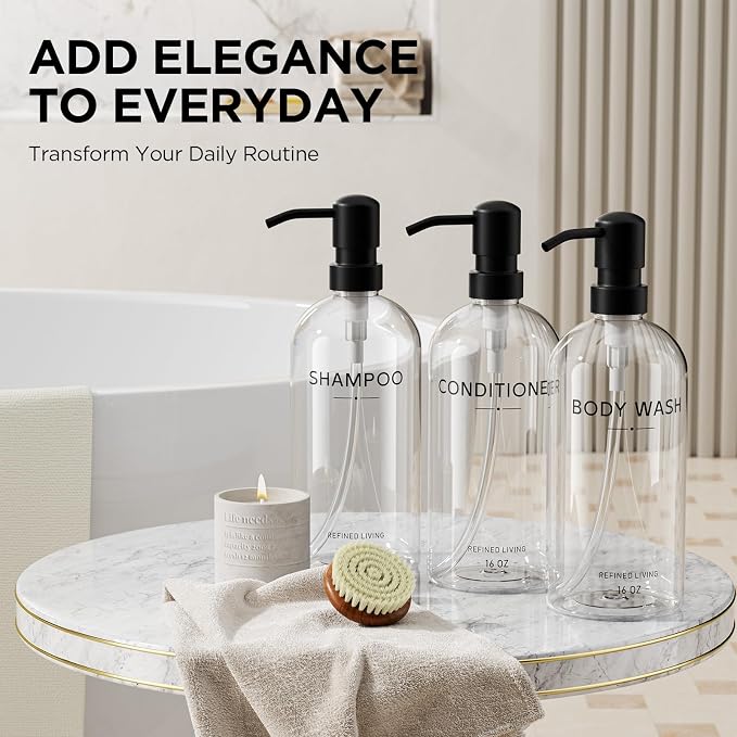 Shampoo and Conditioner Dispenser Set, 3 Refillable 16oz Bottles - Image 3