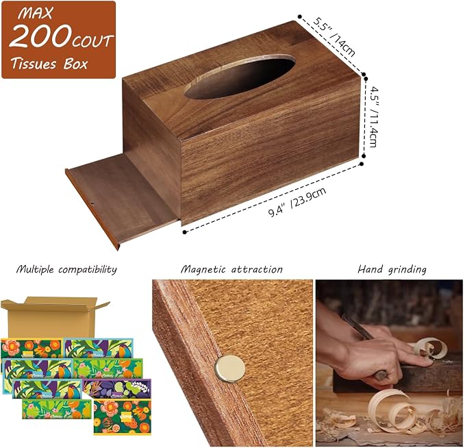 BIBELUN Tissue Box Cover, Acacia Wood Tissue Box Cover Rectangle - Image 3
