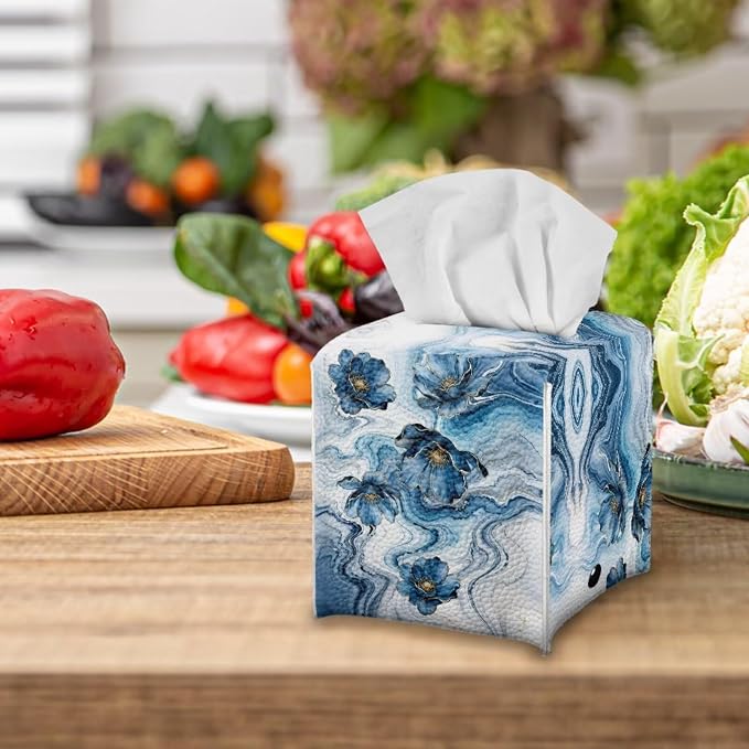 Blue Marble Flower Tissue Box Holder Waterproof PU Leather Square Modern Tissue - Image 5