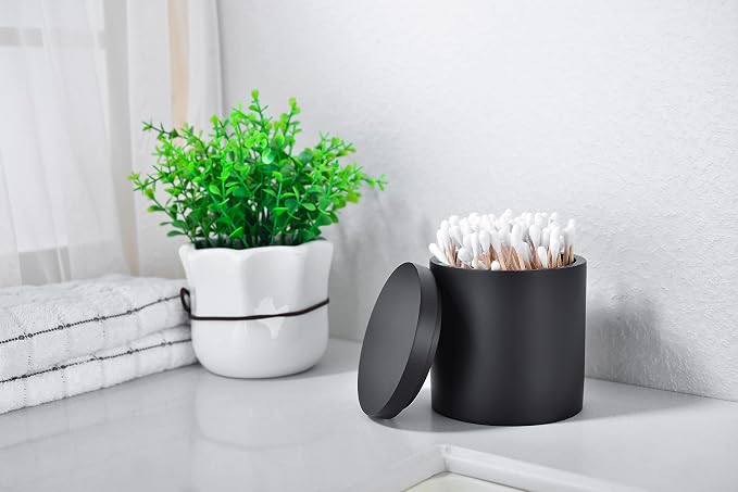 Cotton Swab Holder with Lid, Round Qtip Holder Bathroom Black, Resin Cotton - Image 2
