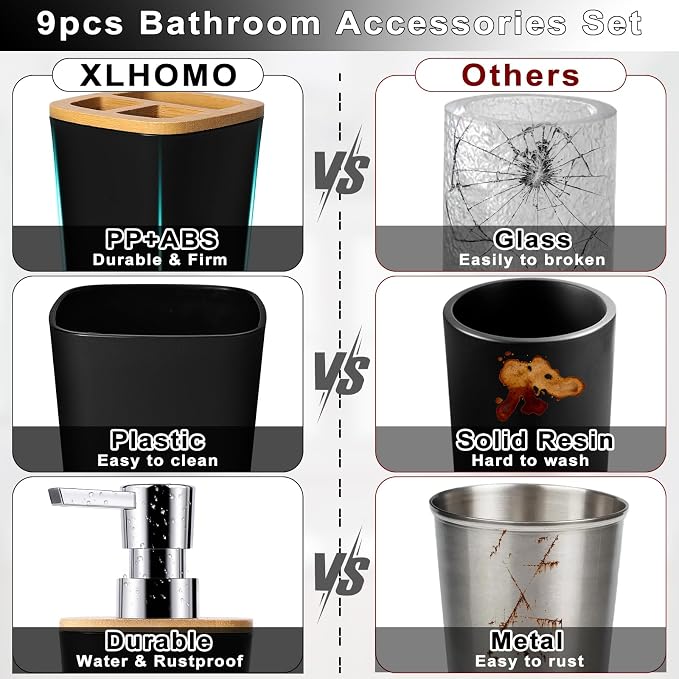 Bathroom Set Black Bathroom Trash Can, 9 Piece Bathroom Decor Toothbrush Holder - Image 3