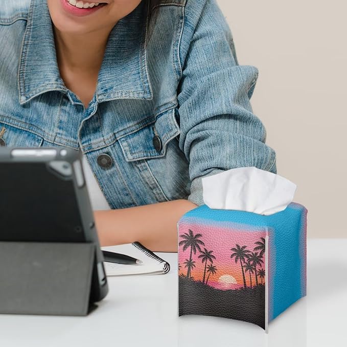 Sunset Tissue Box Holder Waterproof PU Leather Square Modern Tissue Box Cover - Image 6