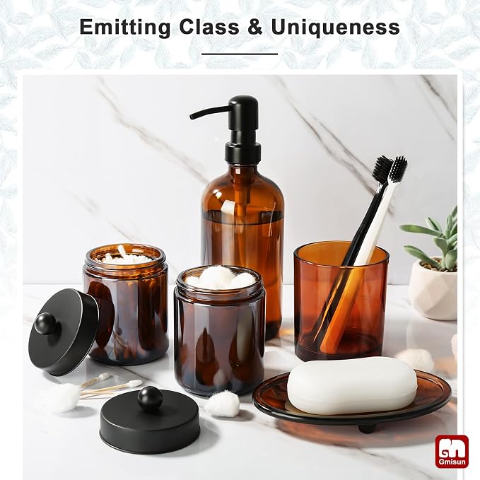 GMISUN Bathroom Accessories Set, 5 Pack Amber Glass Bath Accessory Sets Complete - Image 5