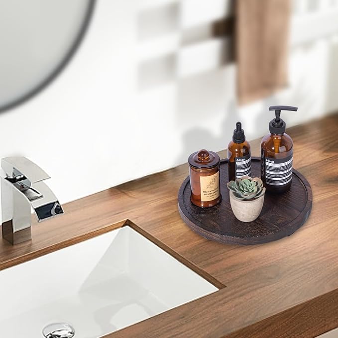 Round Decorative Tray Wood Bathroom Counter Organizer Farmhouse Kitchen Decor - Image 7