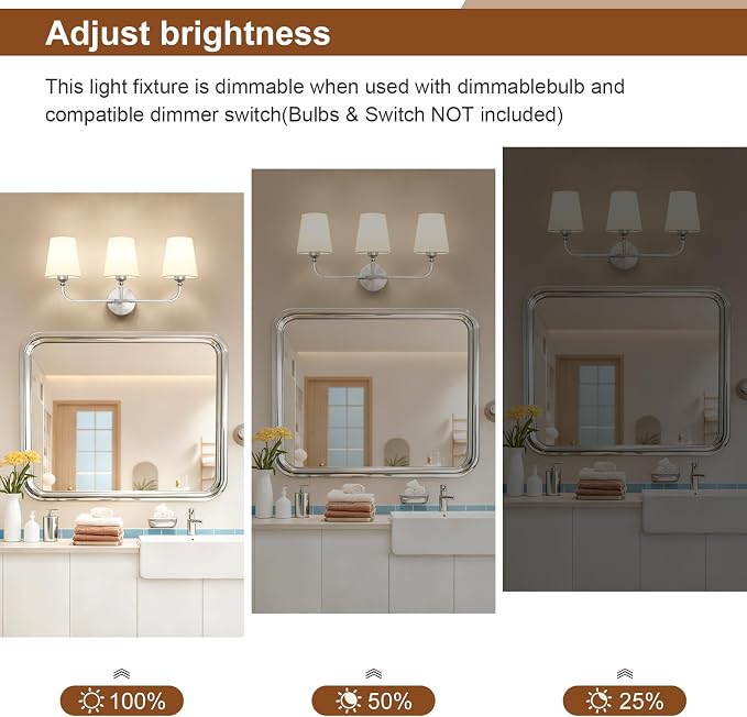 Bathroom Vanity Light, Brushed Nickel Bathroom Light Fixtures, 3-Light Lighting - Image 6