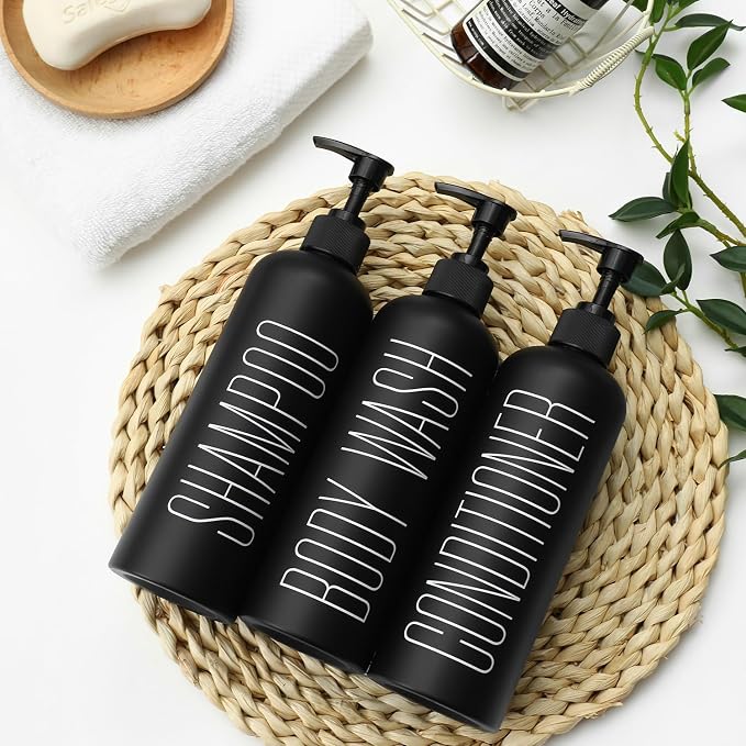 HOMCDALY Black Shampoo and Conditioner Dispenser, 16oz 3-Pack Refillable Pump - Image 5