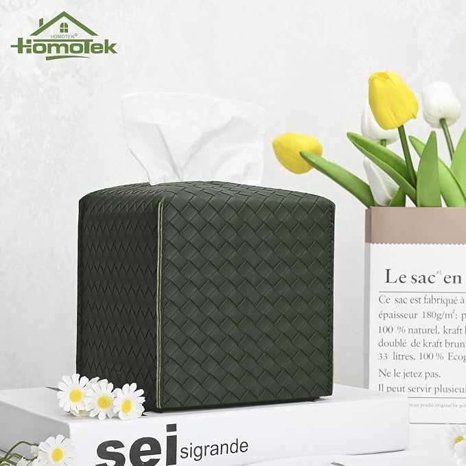 HOMOTEK 2 Pack Tissue Box Cover, Square PU Leather Tissue Holder, Decorative - Image 5