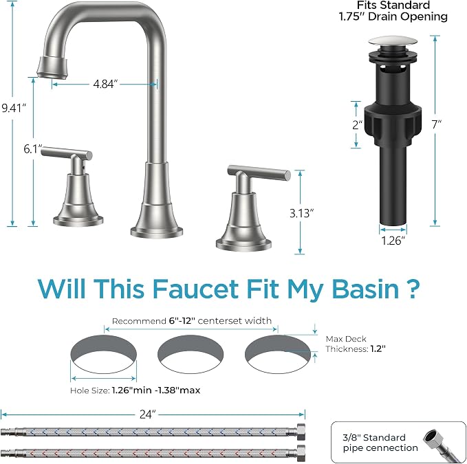 FORIOUS Brushed Nickel Bathroom Faucet 3 Hole - Image 2