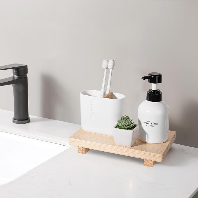 Bathroom Counter Organizer Wood Pedestal Stand Farmhouse Decorative Tray Soap - Image 2