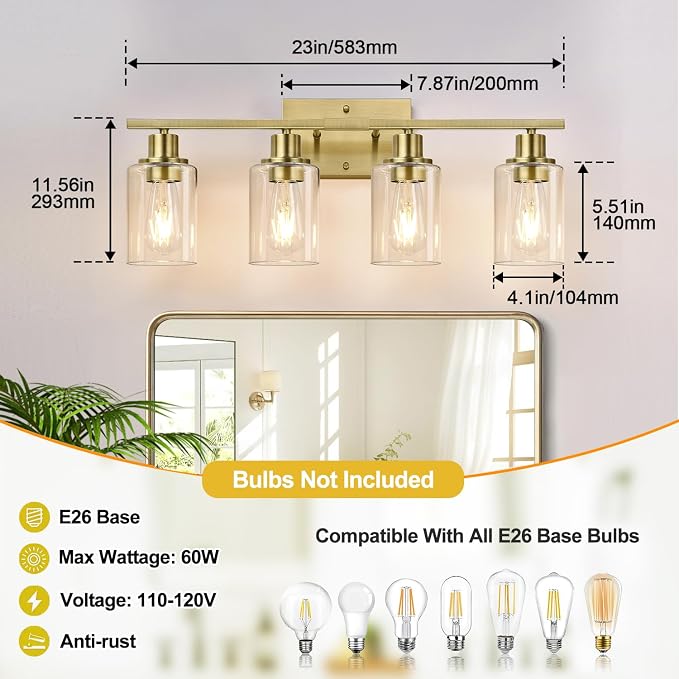 4 Light Bathroom Light Fixtures, Brass Vanity Lights - Image 7