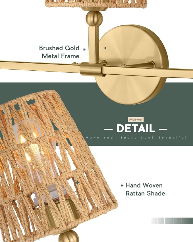 3-Light Bathroom Light Fixtures, Brushed Gold Rattan Vanity Lights - Image 3