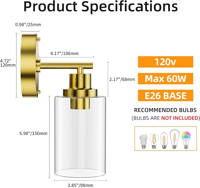 GORDNWE 1-Light Bathroom Wall Sconce, Brushed Gold Vanity Light, Modern Wall - Image 2