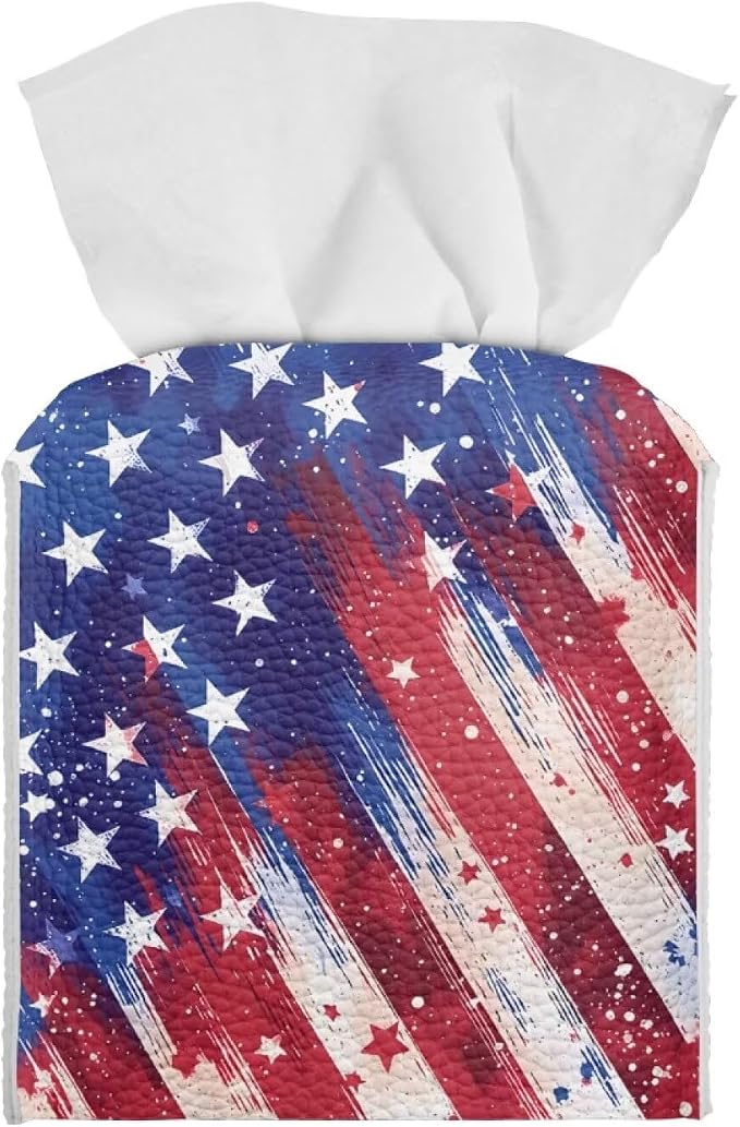 American Flag Tissue Box Cover, PU Leather Square Tissue Holder by Pzuqiu