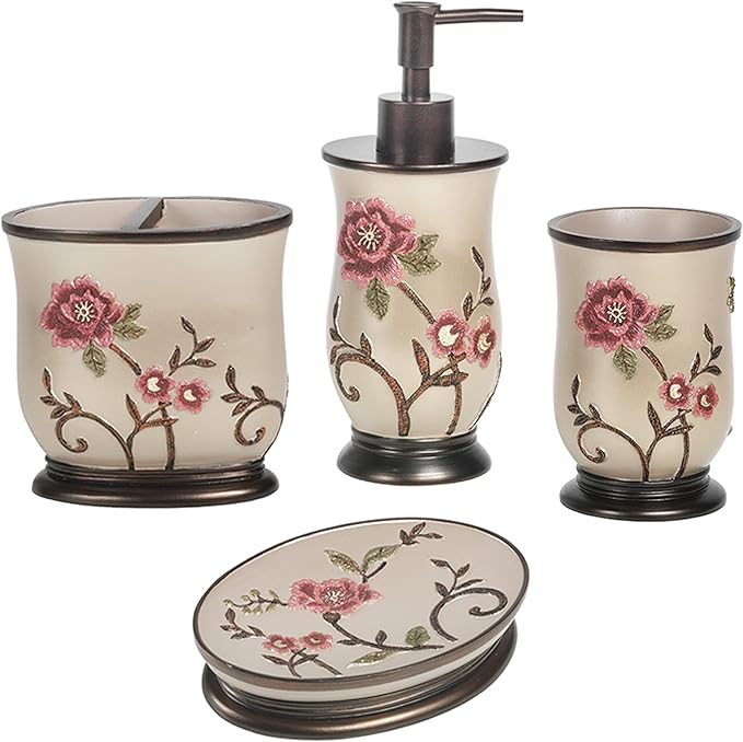 Zahari Home 4pc Larrisa Floral Bathroom Accessories Sets Modern Classic Flower by ZahariHome