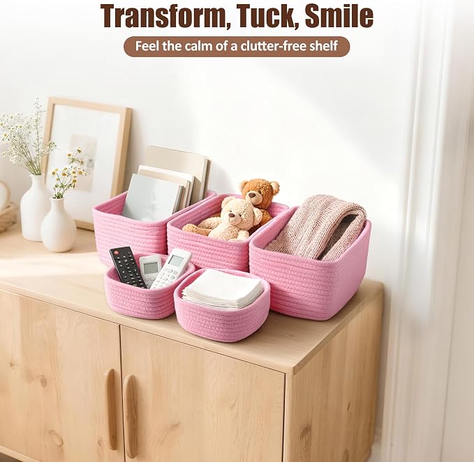 5-Pack Small Woven Rope Storage Baskets – 2 Sizes Organizer Bins - Image 5