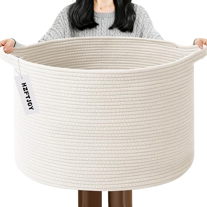 65L Large Blanket Basket, 19.7" L x 19.7" W x 13" H Rope Woven Baskets by HZFTJOY