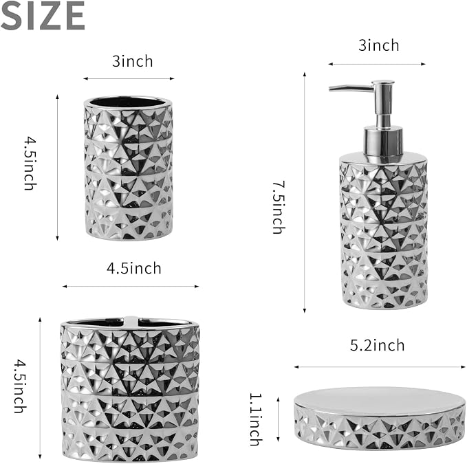 Silver Bathroom Accessories Set, 4 Piece Ceramic Bath Accessory Sets Complete - Image 2