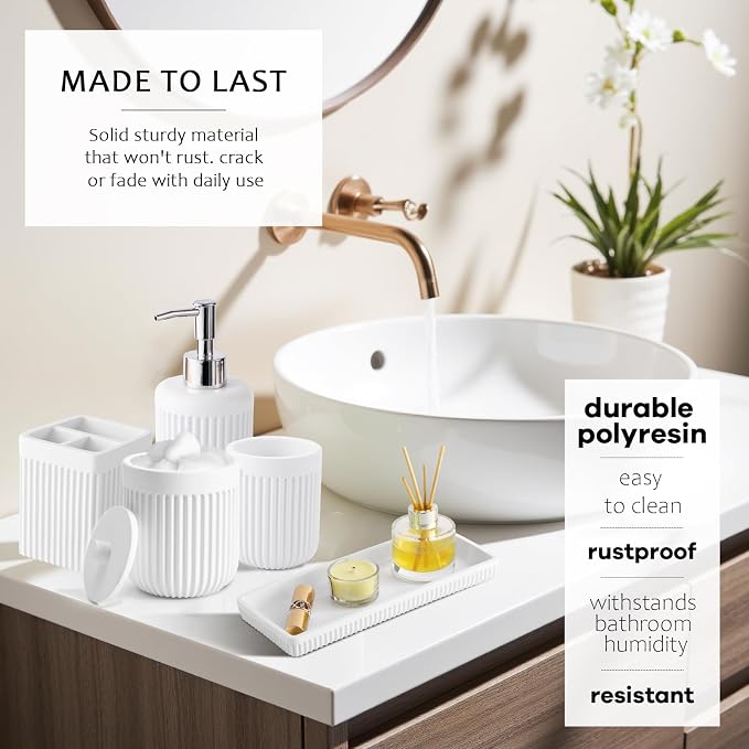 White Bathroom Sets with Shower Curtain and Rugs, 8-Piece Resin Bathroom - Image 2