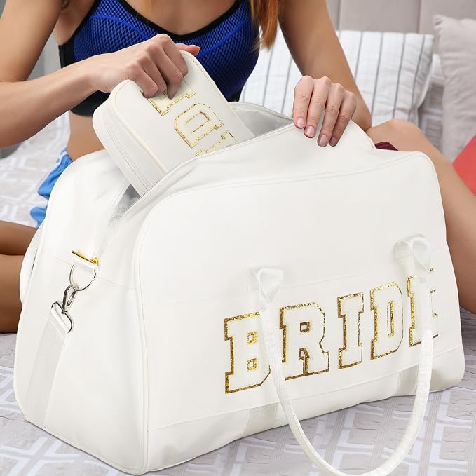 2 Pcs Wedding Weekender Bag Bride Groom Duffle Bag Chenille Letter Patch Travel - Image 4