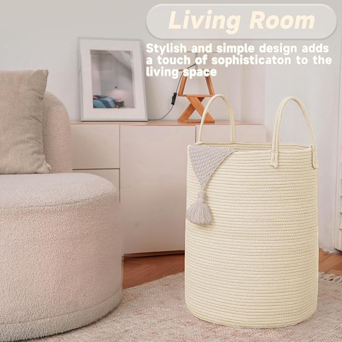 Large Woven Laundry Basket Hamper, 60L Cotton Rope Storage Bin - Image 3