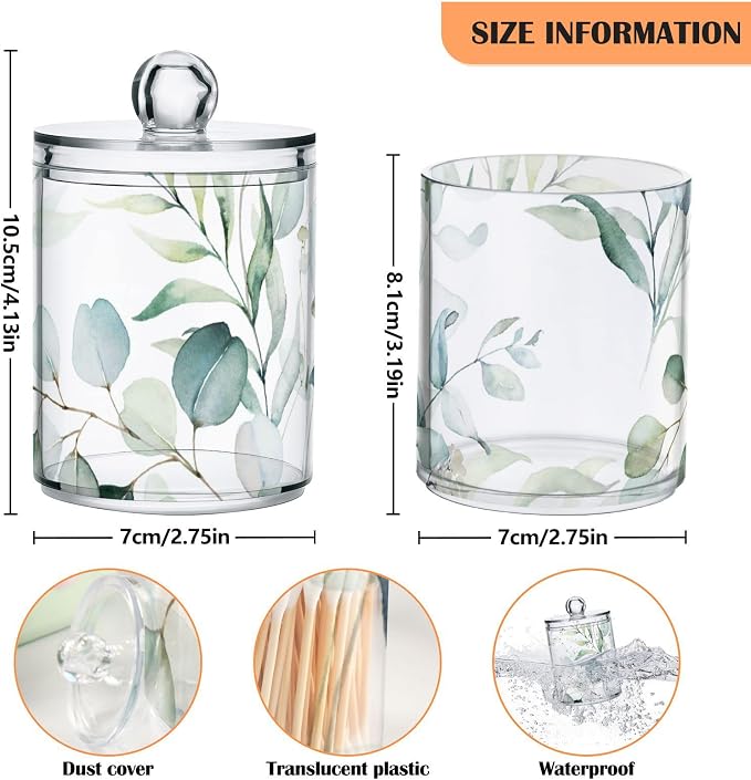2 Pack Qtip Holder Dispenser for Cotton Ball Watercolor Green Eucalyptus Leaves - Image 4