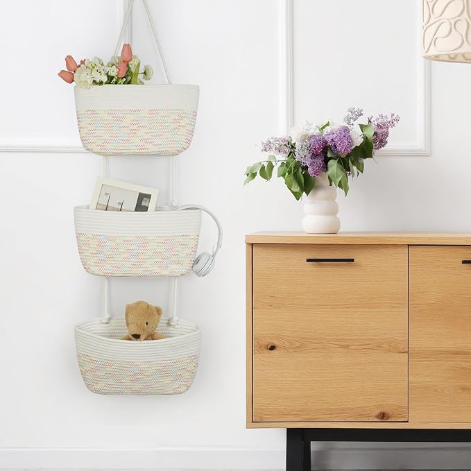 TeoKJ 3-Tier Woven Cotton Wall-Mounted Hanging Storage Baskets, Over the Door - Image 6