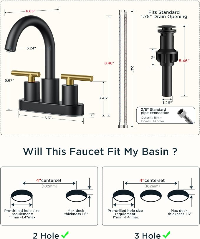 FORIOUS 4 in Black and Gold Bathroom Faucet Centerset, 2 Handle Matte Black - Image 9