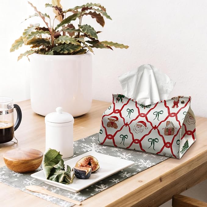 Christmas Tissue Box Cover Rectangle, Santa Bows Winter PU Leather Tissue - Image 3