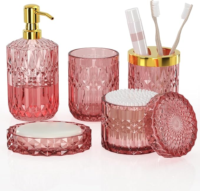 New Pink Glass Bathroom Accessories Set 5 Pcs, Soap Dispenser and Toothbrush by QIQU