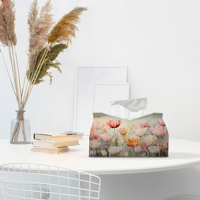 Spring Floral Leather Tissue Box Cover Rectangle, Tulip Flower Toilet Paper Box - Image 3