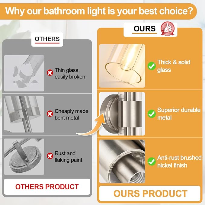 Wall Sconces Set of Two, Brushed Nickel Bathroom Sconces Wall Lighting - Image 2
