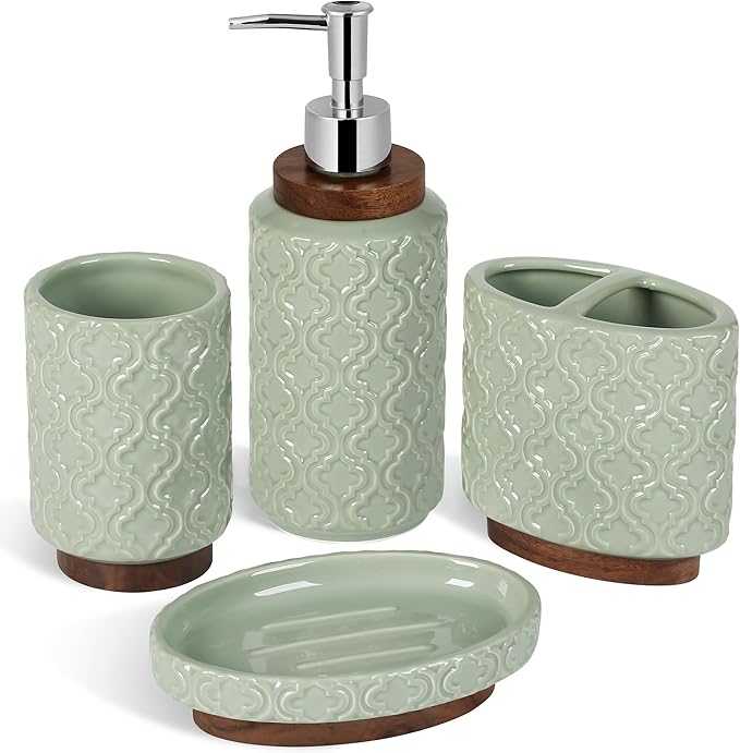Elegant Bathroom Accessories Set 4 PCS Ceramic and Wood Bathroom Accessory Set by RQYIXI