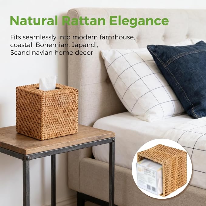 Natural Rattan Tissue Box Cover, Hand Woven Square Wicker Holder - Image 4