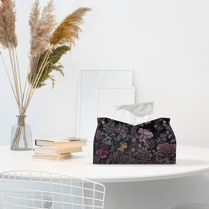 Black Floral Leather Tissue Box Cover Rectangle, Spring Flower Toilet Paper Box - Image 3
