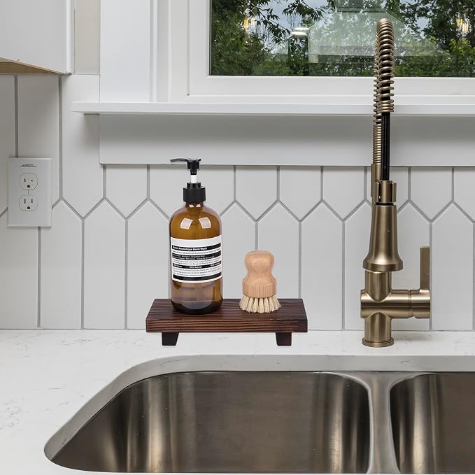 Bathroom Counter Organizer Wood Pedestal Stand Farmhouse Decorative Tray Soap - Image 6