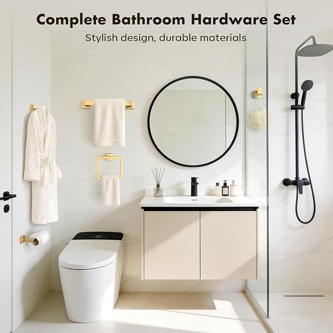 Bathroom Accessory Towel Bar Set: 5 Pieces Gold Bathroom Hardware Square SUS304 - Image 6
