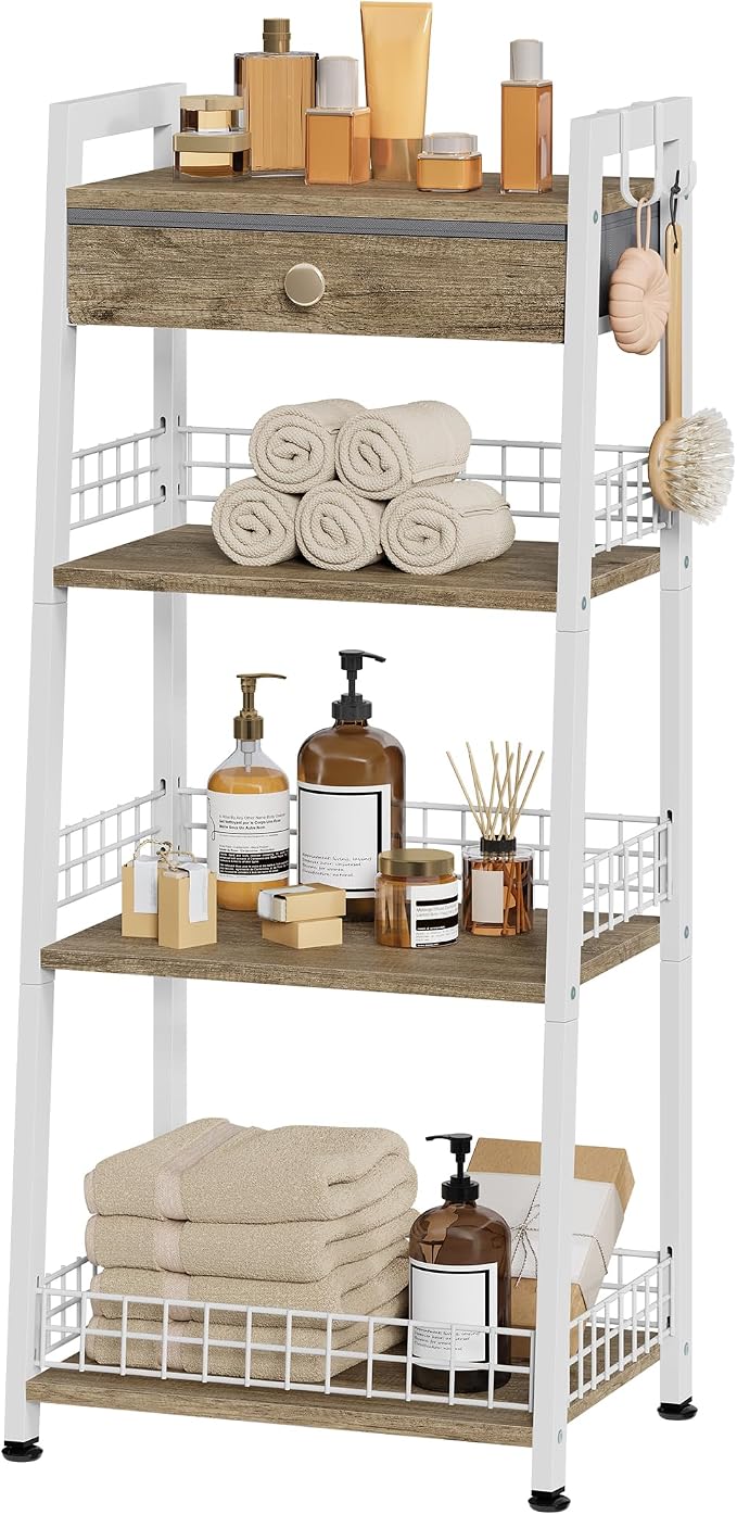 4-Tier Ladder Shelf with Drawer, Bathroom Table Stand by Gewudraw